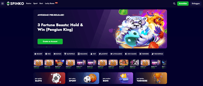 Startseite im Spinko Casino zeigt Bonusangebot, Spielkategorien und Menü