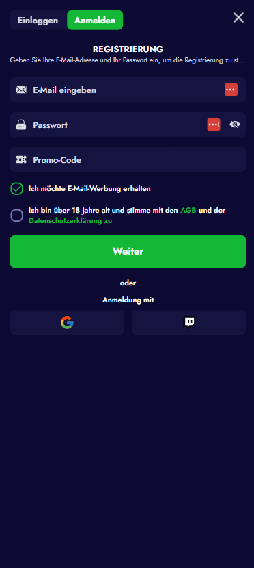 Anmeldeformular im Spinko Casino