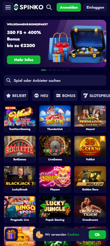 Spiellobby im Spinko Casino zeigt Spiele wie Wheel of Luck neben anderen Spielkategorien