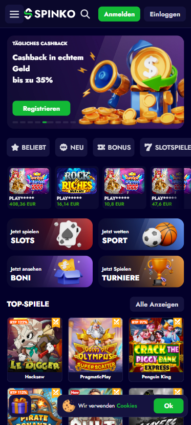 nko Casino zeigt Bonusangebot, Spielkategorien und Menü