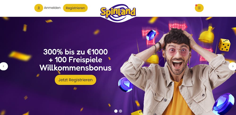 Spinlandbet Casino Startseite zeigt Willkommensbonus bis zu 1000 Euro und 100 Freispiele