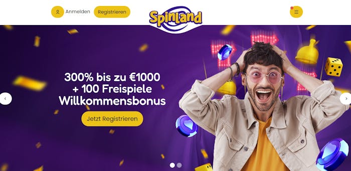 Spinlandbet Casino Startseite zeigt Willkommensbonus bis zu 1000 Euro und 100 Freispiele