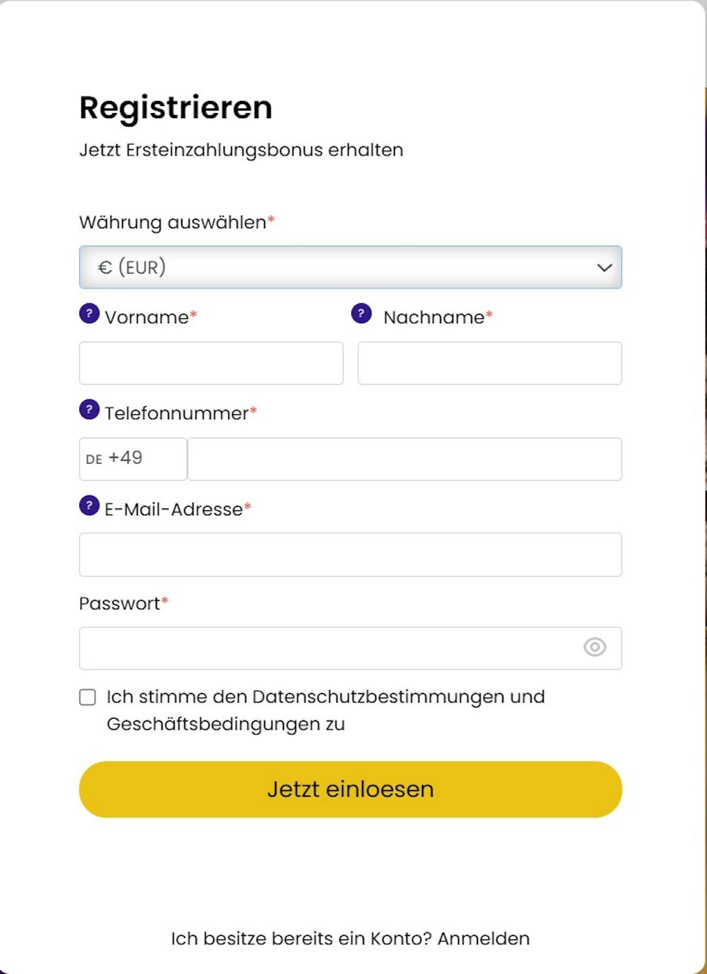 Anmeldeformular im Spinlandbet Casino