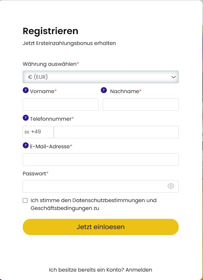Anmeldeformular im Spinlandbet Casino