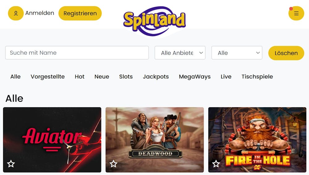 Spinlandbet Casino Spiellobby zeigt Spiele wie Aviator neben anderen Spielkategorien und Filteroptionen