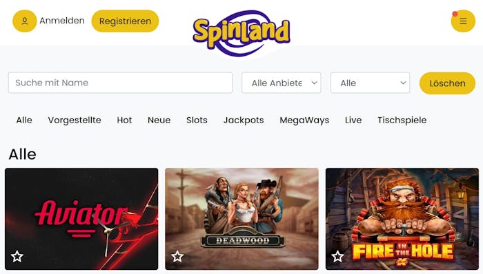 Spinlandbet Casino Spiellobby zeigt Spiele wie Aviator neben anderen Spielkategorien und Filteroptionen
