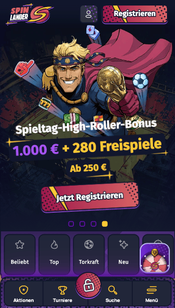 Einzahlung im Spinlander Casino zeigt High Roller Bonus und Spielkategorien