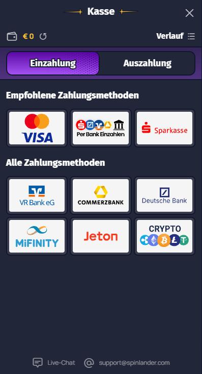 Einzahlungsmethoden im Spinlander Casino