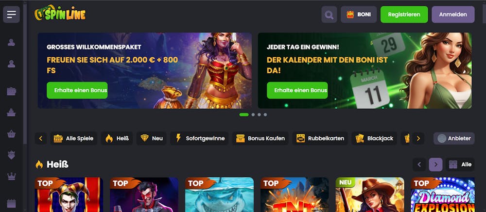 Die Homepage von Spinline Casino, mit Informatiomem über die verfügbaren Boni und Spiele