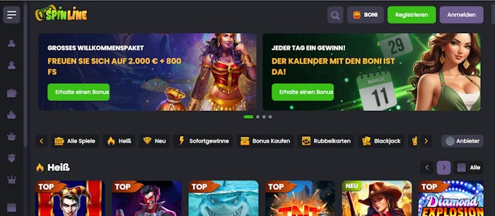Die Homepage von Spinline Casino, mit Informatiomem über die verfügbaren Boni und Spiele