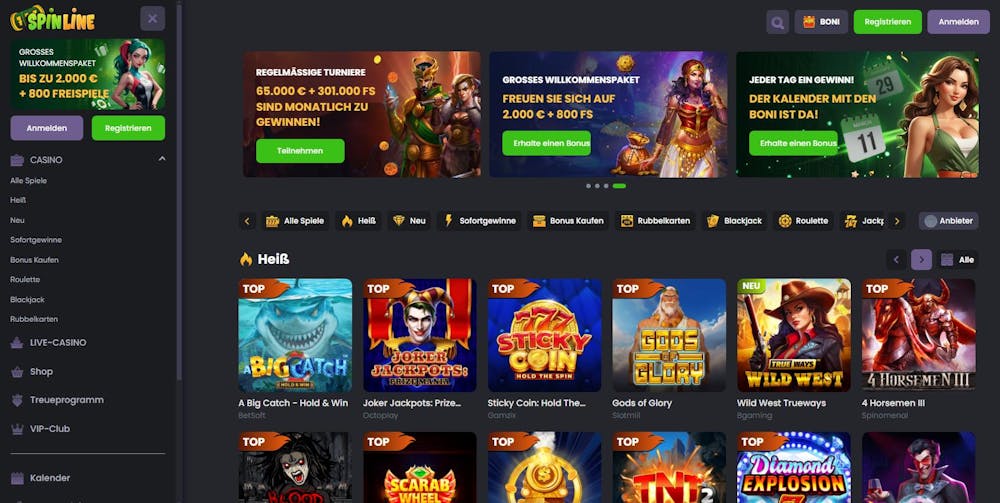 Eine Übersicht über die verschiedenen Slots bei Spinline Casino, mit Titeln wie Giant King und 7 Mega