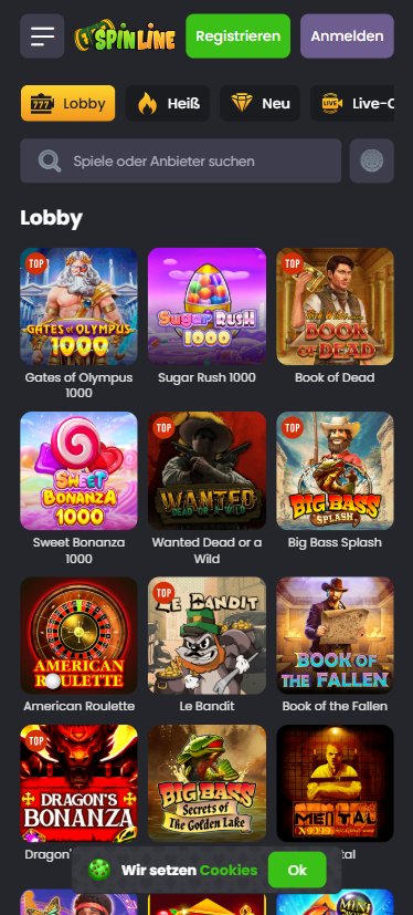 Spiellobby im Spinline Casino zeigt Spiele wie Sugar Rush 1000 neben anderen Spielkategorien