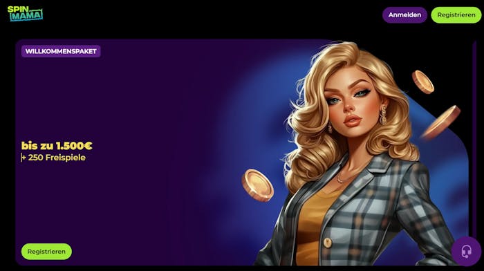 Spinmama Casino Screenshot mit der Startseite, auf welcher man den Willkommensbonus angezeigt bekommt.