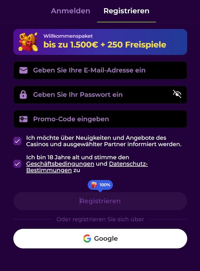 Spinmama Casino Screenshot mit der Anmeldesite zum Eingeben der Daten.