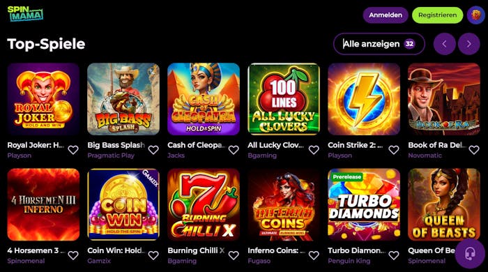 Spinmama Casino Screenshot mit der Slot Auswahl des Casinos.
