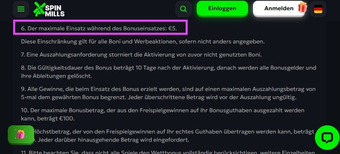 Spin Mills Casino Screenshot mit den aufgelisteten Bonusbedingungen im Online Casino mit Startguthaben, diese zeigen den Maximaleinsatz von 5 €, den maximalen Bonusbetrag von 100 € und mehr.