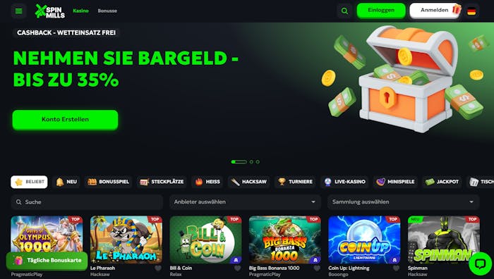 Spin Mills Casino Screenshot mit der Spieleauswahl.