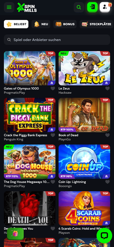 Spiellobby im Spin Mills Casino zeigt beliebte Spiele wie Gates of Olympus 1000 neben anderen Spielkategorien