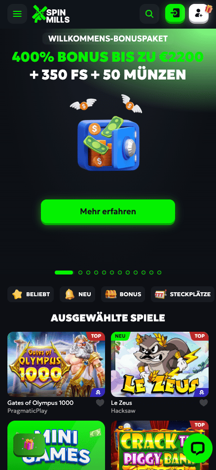 Startseite im Spin Mills Casino zeigt Willkommensbonus und ausgewählte Spiele