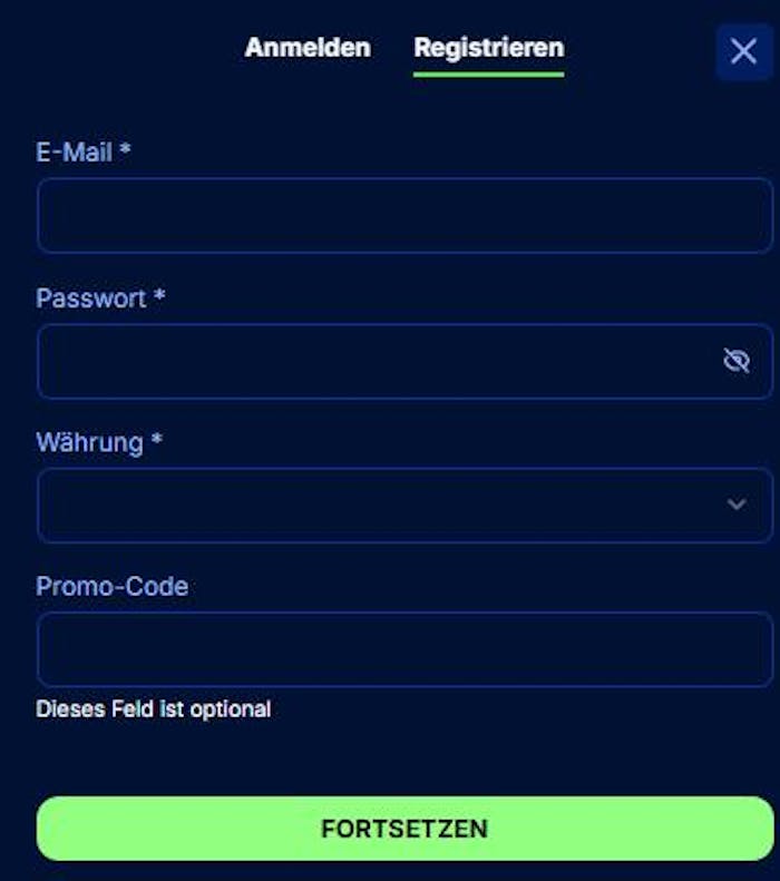 Anmeldeformular im Spinny Casino