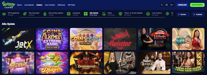 Spielauswahl im Spinny Casino