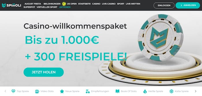Startseite im Spinoli Casino zeigt Willkommenspaket neben Spielkategorien