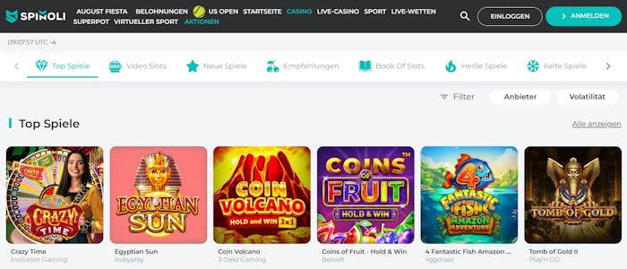 Spiellobby im Spinoli Casino zeigt top Spiele wie Coin Volcano neben anderen Spielkategorien