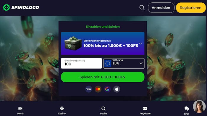 Die Homepage von Spinoloco Casino mit einer Beschreibung über den Willkommensbonus von 100 % bis zu 1.000€ +100 FS