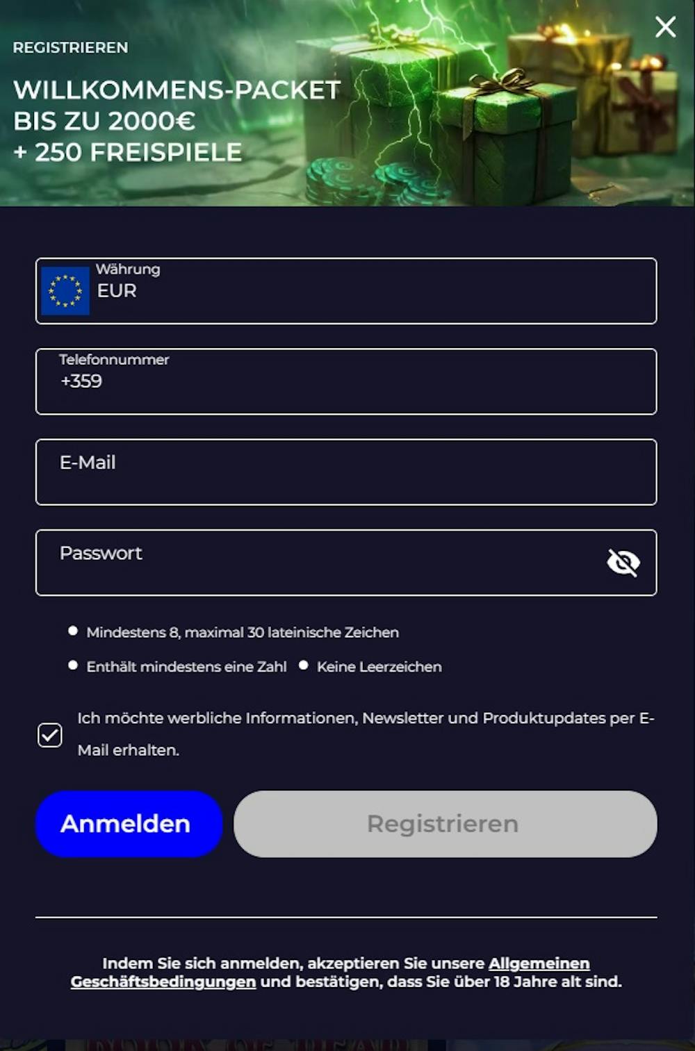 Das Registrierungsformular von Spinoloco Casino