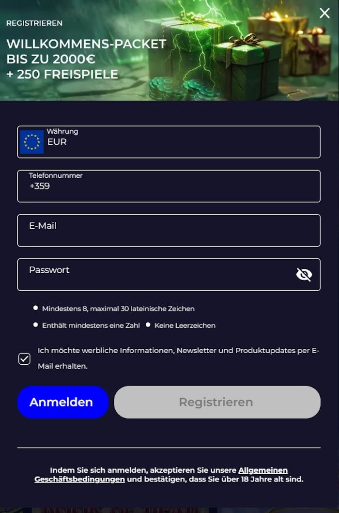 Das Registrierungsformular von Spinoloco Casino