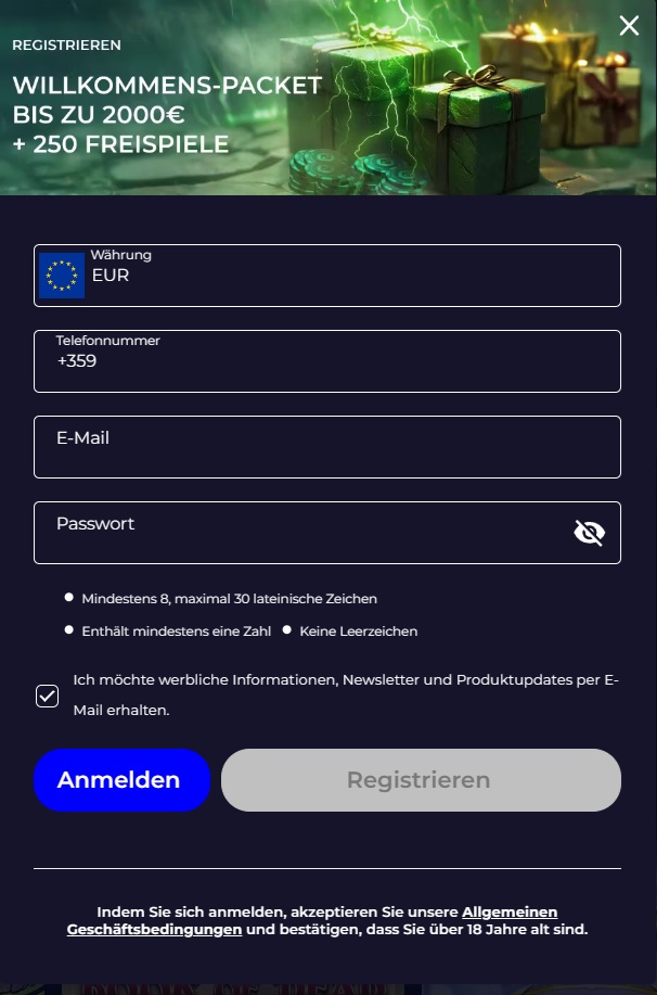 Screenshot of Spinoloco Casino registration page