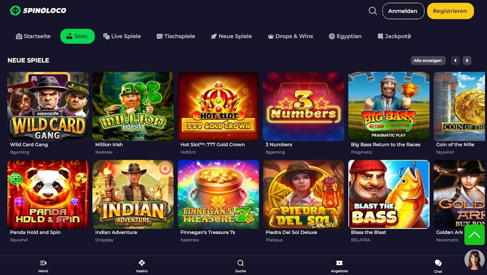 Die Spielauswahl bei Spinoloco Casino mit vielen verschiedneen Titeln wie Wild Card Gang und Blast the Bass