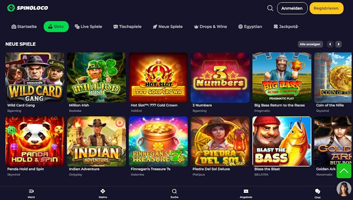 Die Spielauswahl bei Spinoloco Casino mit vielen verschiedneen Titeln wie Wild Card Gang und Blast the Bass