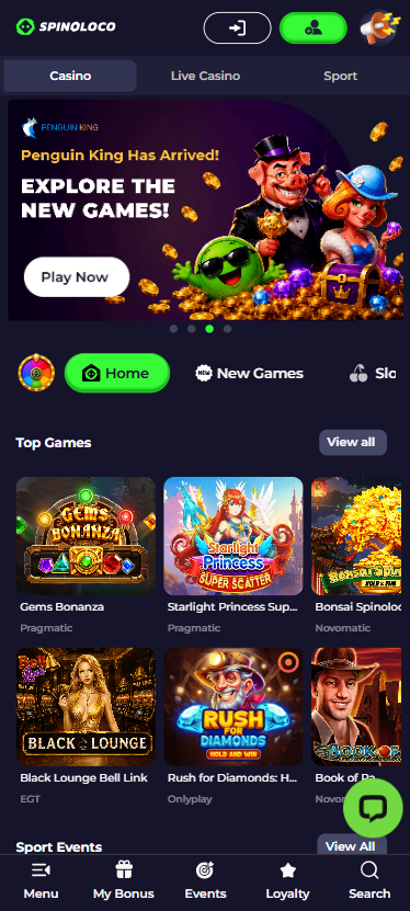 Startseite im Spinoloco Casino zeigt top Spiele wie Gems Bonanza