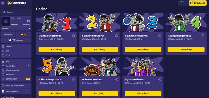 Spinorhino Casino Screenshot mit den Bonus Angeboten.