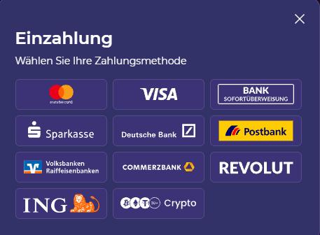Spinorhino Casino Screenshot mit den Zahlungsmethoden.