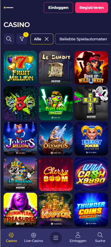 Spiellobby im Spinorhino Casino zeigt Spiele wie 7 Fruit Million neben Spielfiltern