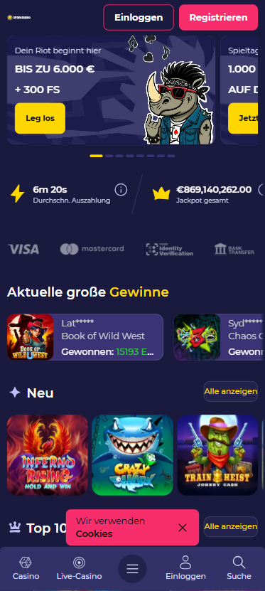 Spinorhino Screenshot mit der Anmeldeseite.