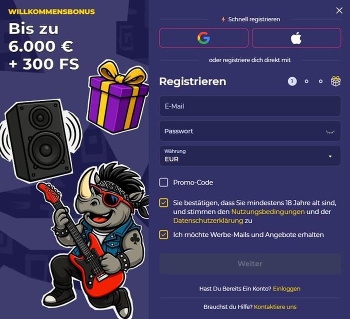 Spinorhino Screenshot mit der Anmeldeseite.