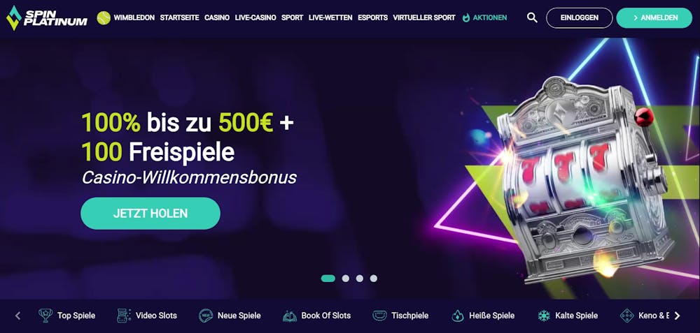 Spin Platinum Casino Screenshot mit dem Willkommensangebot bis 500 € und 100 Freispiele.