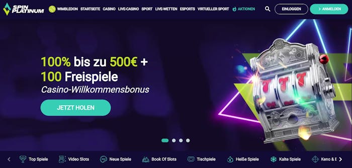 Spin Platinum Casino Screenshot mit dem Willkommensangebot bis 500 € und 100 Freispiele.