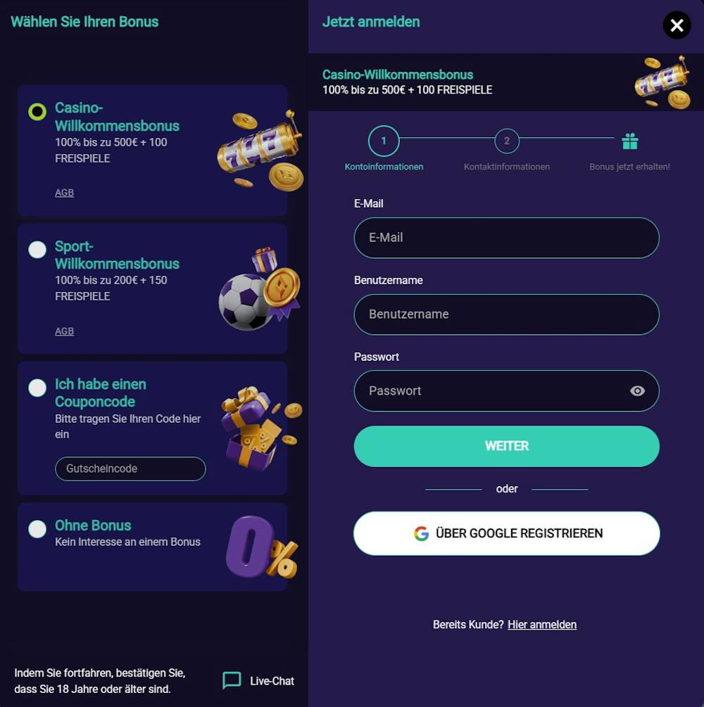 Spin Platinum Casino mit der Anmeldemaske zum Eingeben der Daten zu Anmelden im Casino.