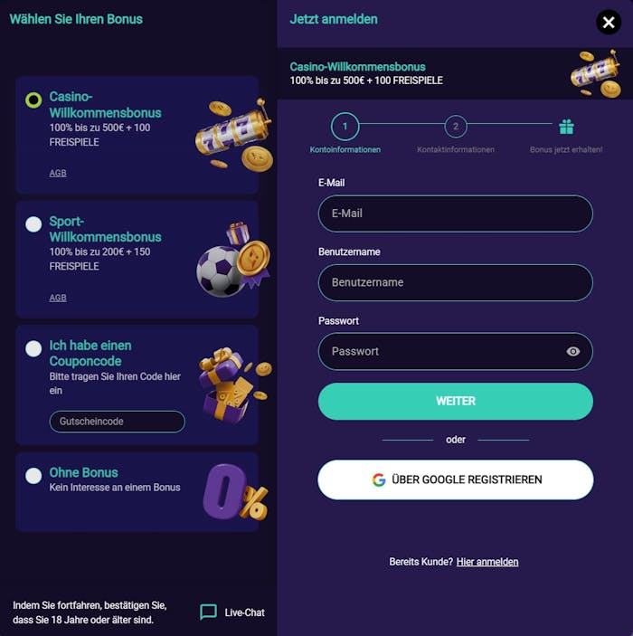 Spin Platinum Casino mit der Anmeldemaske zum Eingeben der Daten zu Anmelden im Casino.