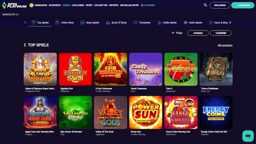 Spin Platinum Casino Screenshot mit der Spielauswahl mit Slots wie Take 5.