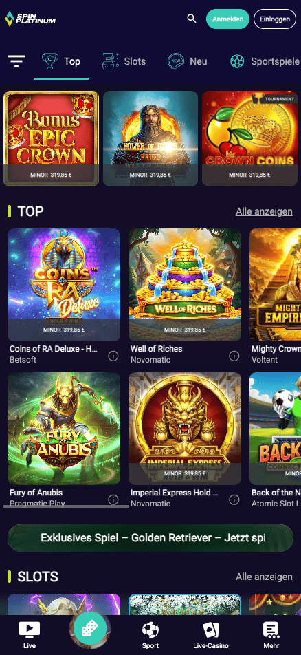Spiellobby im Spin Platinum Casino zeigt Spiele wie Well or Riches neben anderen Spielkategorien