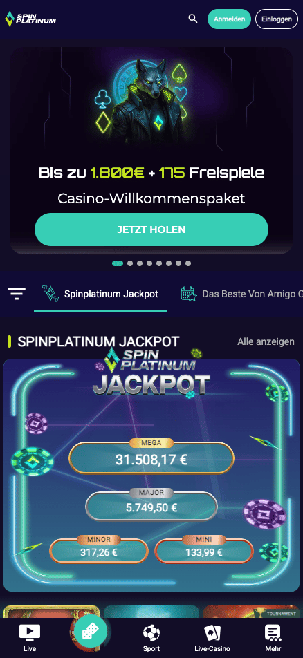 Startseite im Spin Platinum Casino zeigt Willkommensbonus und Jackpot