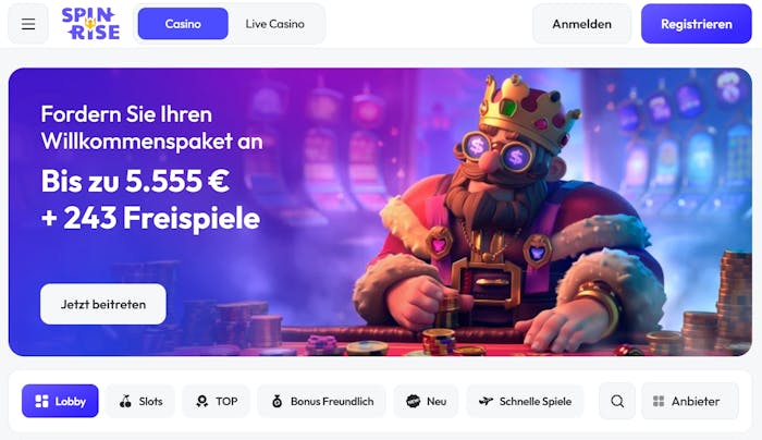 Die Homepage von Spinrise Casino mit einer Beschreibung über den Willkommensbonus von bis zu 5.555 € + 243 Freispielen