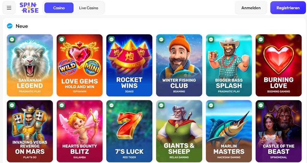 Die Spielauswahl bei Spinrise Casino mit vielen verschiedenen Titeln wie Marlin Masters und Savannah King