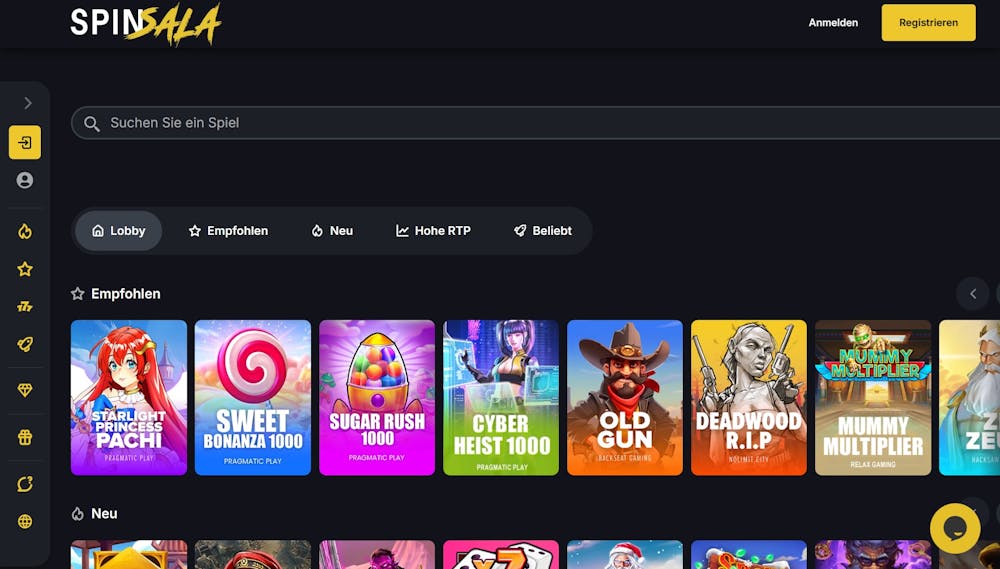 Startseite im Spinsala Casino zeigt Spiele wie Sweet Bonanza 1000 neben anderen Spielkategorien