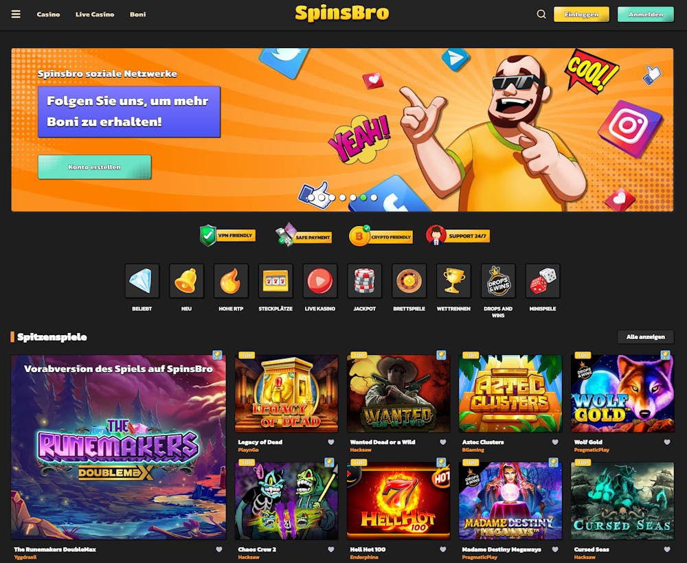 Startseite des SpinsBro Casinos